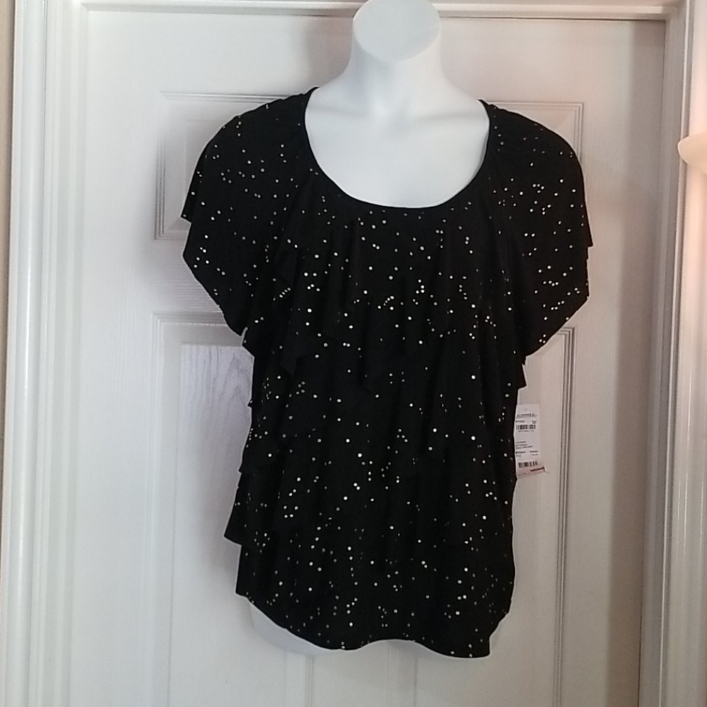 Elementz Black Ruffled Blouse with Gold dots